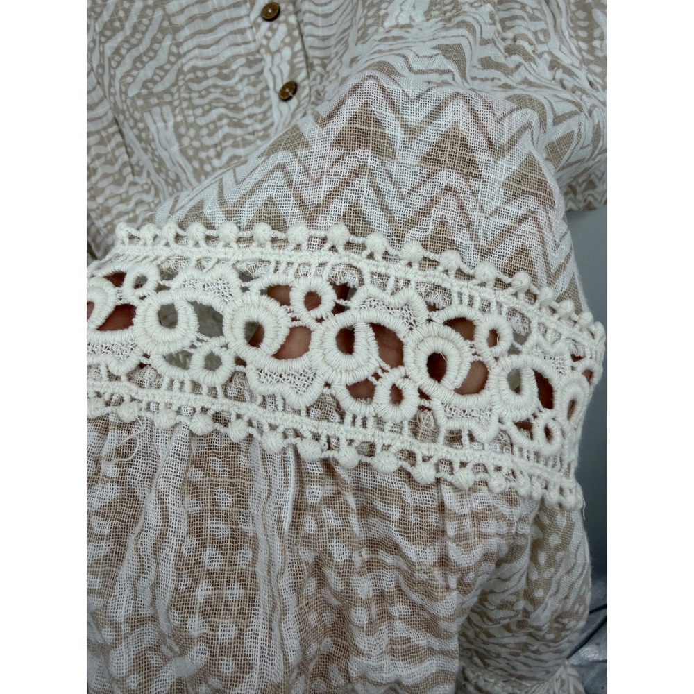 DOTTI Geometric Print Crochet Trim Tunic Dress sz XL Tan White Boho Bell Sleeve - Picture 7 of 9